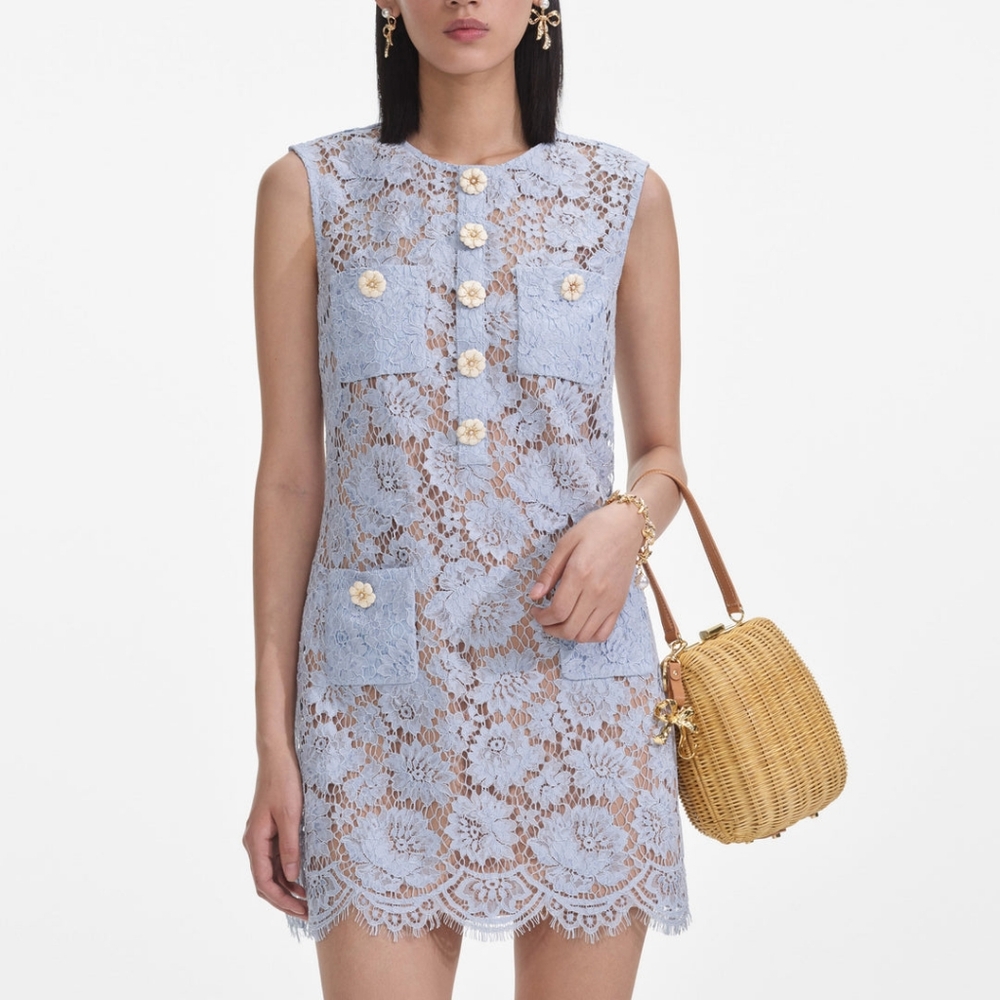 Self-Portrait Blue Fine Lace Mini Dress - Picture 5 of 11
